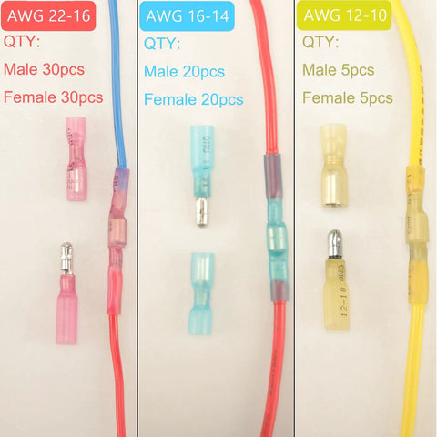 Heat Shrink Bullet Wire Connectors Kit 110 Pcs Waterproof Marine Grade Terminals shown in red, blue, yellow sizes.