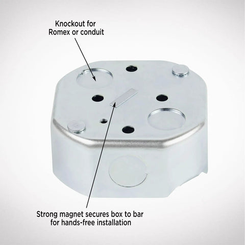 Saf-T-Brace Ceiling Fan Mounting Kit with 3 Teeth Twist and Lock Silver showing knockouts and Romex connector