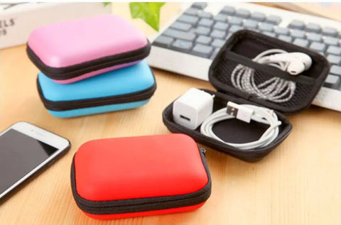 Compact Purple Charger Organizer Storage Case Durable Hard Shell keeps charging cords and earbuds secure, shown with devices.