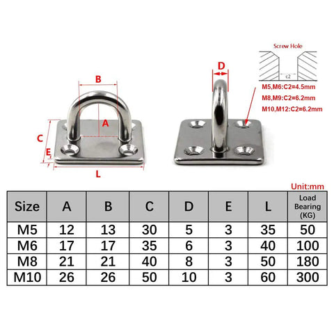 Rock Solid 304 Stainless Steel M10 Ceiling Hooks With Screws For Yoga Ropes Plant Hangers Gym Rigging dimensions chart.