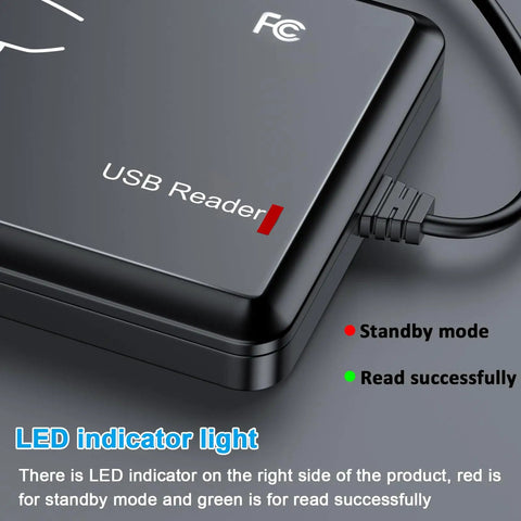 Dual Frequency RFID Reader 125KHz And 13.56MHz Scanner with LED indicator showing standby and read status, compact design, USB connected