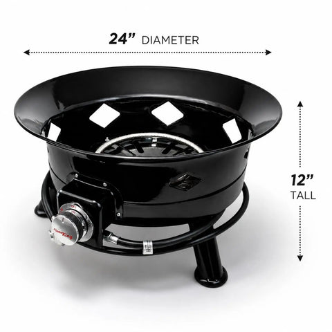 Smokeless 24 Inch Propane Fire Pit With Self Igniter 58K BTU Portable Outdoor Firebowl shown with dimensions highlighted.