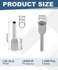 Beefy 1000 Pcs AWG18 Copper Insulated Wire Ferrules Crimp Terminals Kit For Stranded Wire Heavy Duty Electric Power And Industrial Control Systems Gray, showing dimensions and size details.