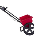 Side view of Red 75Lb Drop Spreader for Lawn Care With 22 Inch Coverage, Adjustable Flow, sturdy wheels, handle grip