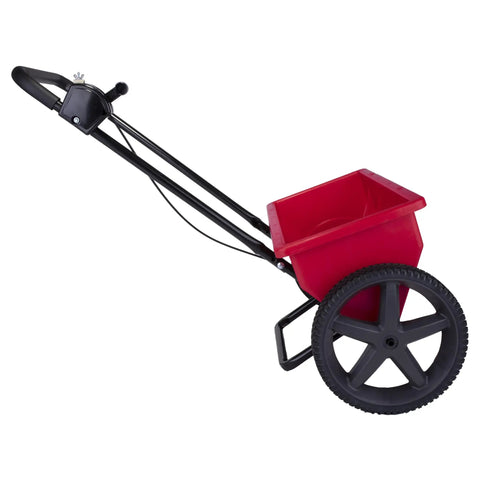 Side view of Red 75Lb Drop Spreader for Lawn Care With 22 Inch Coverage, Adjustable Flow, sturdy wheels, handle grip