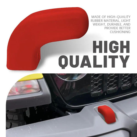 2 Pack Front Bumper Tow Hook Sleeve Covers in red silicone, shown on car bumper, waterproof and weather resistant accessory.