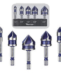 Pro Grade Countersink Drill Bit Set 1/4 To 3/4 Inch, 5-Piece HSS 5-Flute Chamfer Bits in clear storage case and arranged outside
