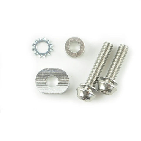 Components of Worlds Lightest Chain Guide Drop Catcher including screws and washers, ultralight anodized aluminum, 6.3 grams black.