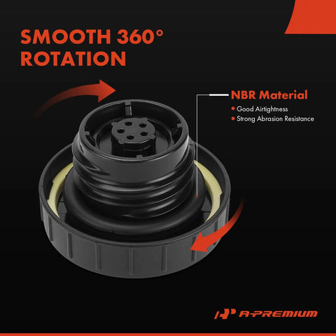 Durable Fuel Tank Filler Cap For Ford, Chevrolet, Toyota, Honda, Nissan, GMC, Volkswagen, Jeep, Dodge, Kia, Lexus, Mazda, Mercedes, Chrysler, Buick And More Replacement Cap 31832 showing 360° rotation and NBR material