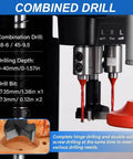 Front view of a combined hinge drilling machine; black and silver body with two red drill bits.