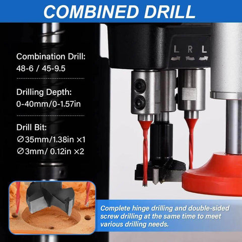 Front view of a combined hinge drilling machine; black and silver body with two red drill bits.