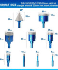 Diamond Core Drill Bit Set With 9 Diamond Bits And 1 Chamfer Bit For Porcelain Tile Ceramic Marble Granite Drilling Includes 6 8 10 20 25 32 35 And 50mm Bit Sizes And 1 3/8 Inch Chamfer Bit For Precise Clean Holes shown.