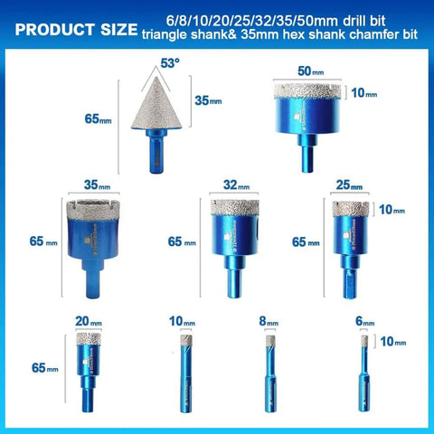 Diamond Core Drill Bit Set With 9 Diamond Bits And 1 Chamfer Bit For Porcelain Tile Ceramic Marble Granite Drilling Includes 6 8 10 20 25 32 35 And 50mm Bit Sizes And 1 3/8 Inch Chamfer Bit For Precise Clean Holes shown.
