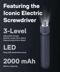 Electric screwdriver with LED ring light and slim gray handle, displayed upright against dark background