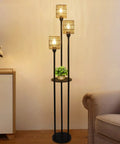 Boho Floor Lamp With Shelves And Three Lights, Farmhouse Tall Rustic Standing Lamp With Rattan Shades, On Off Switch in cozy room