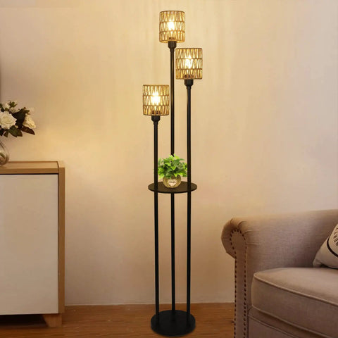Boho Floor Lamp With Shelves And Three Lights, Farmhouse Tall Rustic Standing Lamp With Rattan Shades, On Off Switch in cozy room