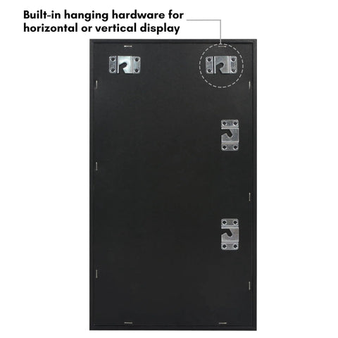 Compact Wall Mounted Pin Display Case Black 15 By 8.5 Inch Collector Showcase Rack with built-in hanging hardware.