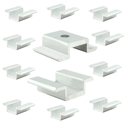Heavy Duty Aluminum Solar Panel Mid Clamps 12 Pack For Rooftop PV Systems showcases adjustable silver aluminum mounting brackets.