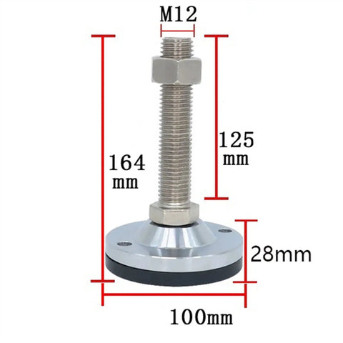 4 Pack Heavy Duty Adjustable Leveling Feet M12 With Non Slip Flat Cup Bottom Lip Design For Even Weight Distribution Built To Last Stainless Steel Durable Feet With Galvanized Surface For Furniture Support D100x125mm. M12 leveling foot, 100mm base, 125mm stem, 28mm pad