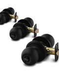Three matte black privacy interior door knob sets shown side by side, highlighting reversible design for bedroom, bathroom, closet.