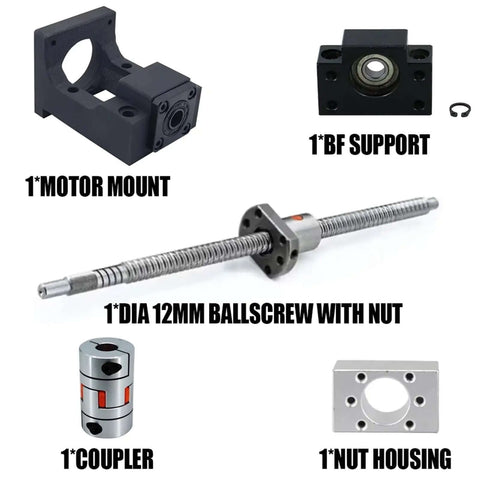 Premium SFU1204 Ball Screw Kit With 12mm Diameter And C7 Grade, Available In 8 Inches To 20 Inch Lengths, Includes BF10 End Supports Plus Single Ball Nut And DSG12H Coupler Perfect For NEMA23 Motor Builds, shown with motor mount and nut housing