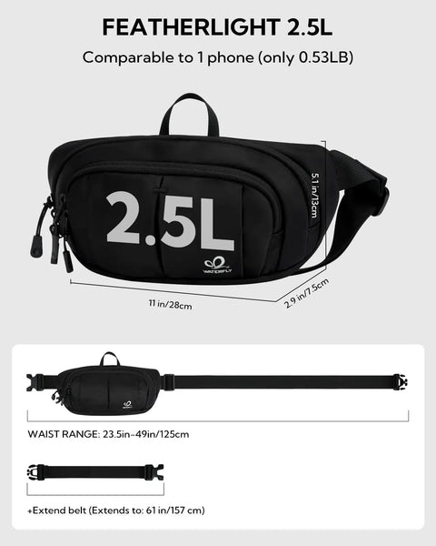 Black All Day RFID Blocking Fanny Pack with Extender Strap 2.5L, labeled dimensions and detachable waist extender.