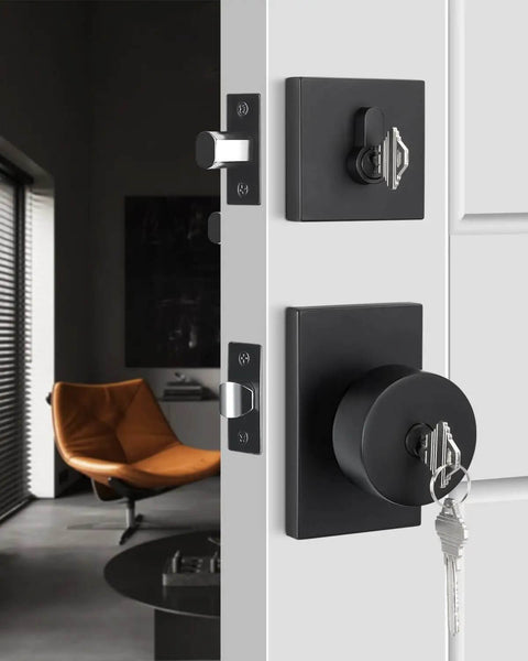Matte Black Exterior Door Lock Set With Deadbolt and Key on Modern Door, Built To Last, for Interior or Exterior Use, Reversible Entry Hardware
