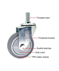 Heavy Duty Swivel Caster Wheels With Brakes For Furniture Workbenches And Carts, showing TPR rubber wheel and threaded stem