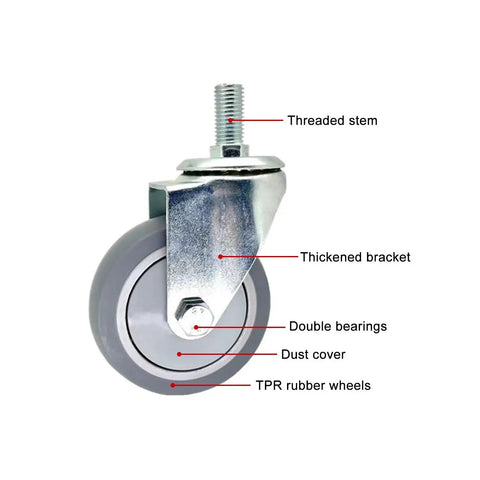 Heavy Duty Swivel Caster Wheels With Brakes For Furniture Workbenches And Carts, showing TPR rubber wheel and threaded stem