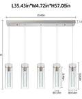 Modern Five Light LED Pendant Ceiling Fixture With Brushed Nickel Bubble Cylinder, dimensions and adjustable height view