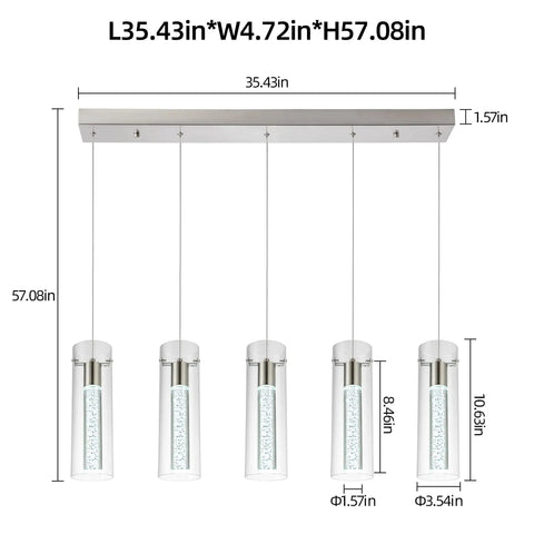 Modern Five Light LED Pendant Ceiling Fixture With Brushed Nickel Bubble Cylinder, dimensions and adjustable height view