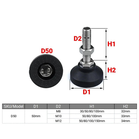Adjustable Lathe Leg Set With 50mm Diameter Threaded Leveling Feet and Swivel Base, size details for M8 M10 M12 fitment.