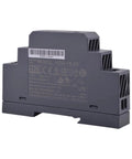 Knockout Ultra Slim Din Rail Power Supply 15W 24V Dc Converter with rear view showcasing labels and connectors.