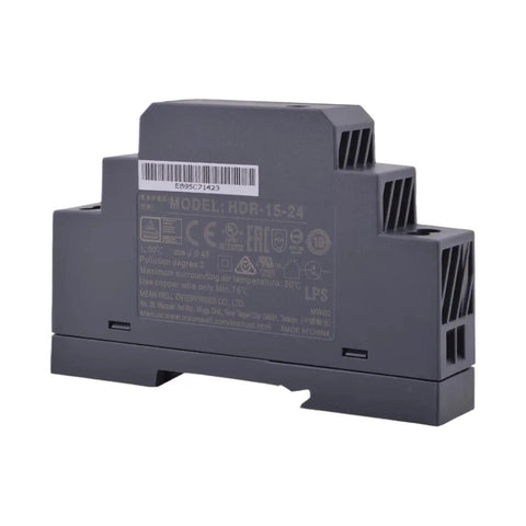 Knockout Ultra Slim Din Rail Power Supply 15W 24V Dc Converter with rear view showcasing labels and connectors.