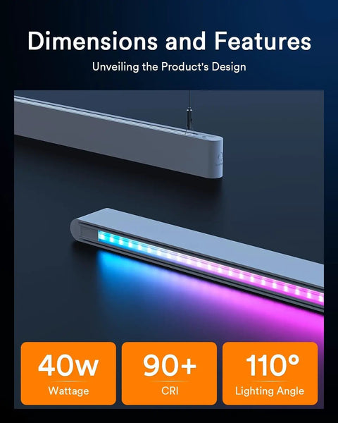 40W RGB lighting strip with 110° angle and 90+ CRI, shown glowing in blue and purple hues.