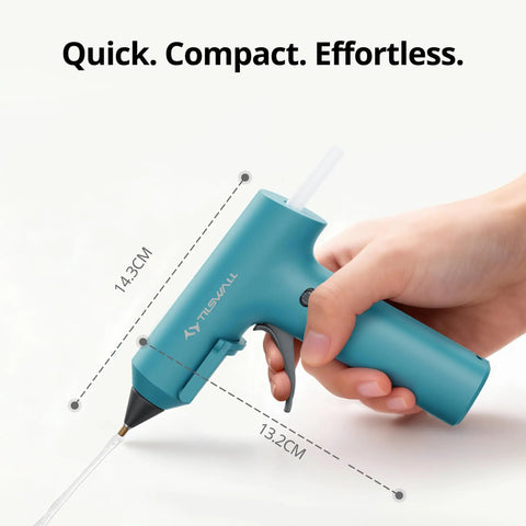 Hand holding Cordless Hot Glue Gun With Fast Preheat USBC Rechargeable 2Ah Includes 20 Premium Glue Sticks High Temp Compact DIY Craft Tool For Repairs And Makers Great For Home Projects Blue