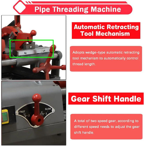 Heavy Duty Electric Pipe Threader Machine For 1/2 To 3 Inch Gas Water Pipes NPT Dies Automatic Retraction 110V features automatic retracting tool mechanism.