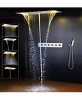 Top Shelf Thermostatic LED Shower System With Ceiling Mounted Rain Showerhead And Solid Brass Handheld Sprayer Plus Anti Scald Multi Function Bathroom Faucet Set That Runs Smooth Without Skipping A Beat featuring LED rain flow, stainless steel and brass components.