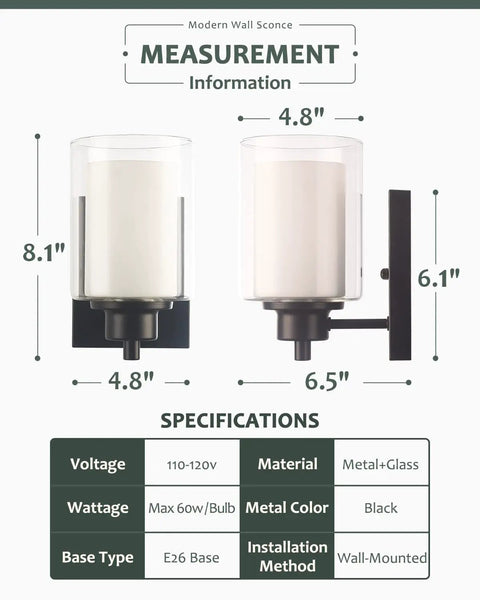 Diagram of 2 Pack Farmhouse Vanity Light Fixtures With One Light Each, showing dimensions, materials, and specifications.
