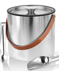 Double Wall Vacuum Insulated Ice Bucket With Lid, Scoop, Ice Tong, Strainer And Leather Handle, 3L Large Wine Ice Bucket