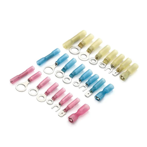 Huge 240Pc Heat Shrink Splice Terminal Kit With Crimp Ring And Spade Connectors In Red Blue Yellow Colors For 22-10AWG Wire Wiring Projects. Heat shrink ring and spade terminals on white background for electrical wiring.