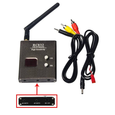 5.8GHz FPV Transmitter and Receiver for Drones, 600mW, 40 channels, showing receiver unit with cables and connectors