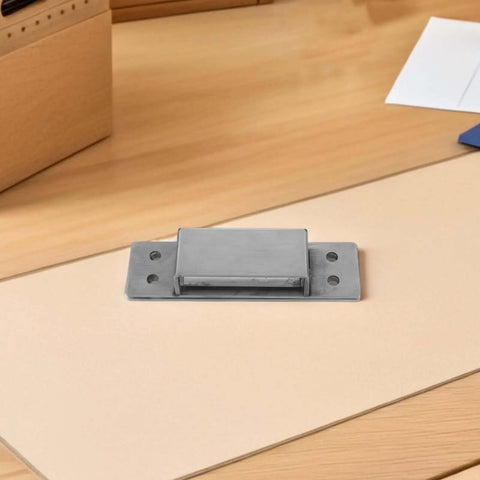 Concealed Adjustable 5 Inch Silver Door Hinge For Wooden Cabinets And Secret Bookcases, shown on a wooden surface with four screw holes.