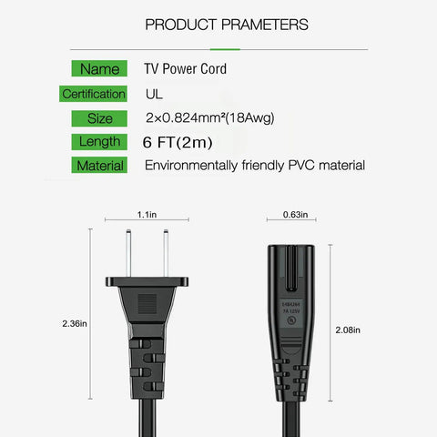 6 Ft Two Prong AC Power Cord For Under Desk Elliptical Machines Replacement Cable, black PVC material, UL-certified, front view