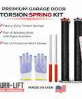 Garage Door Torsion Spring Set DIY Friendly 0.250 X 2 In X 33 In, Left And Right Wound, American Made, 15,000 Cycles, Non Slip Winding Bars, Gloves Included, Residential Replacement Kit displayed with springs, winding bars, and gloves.