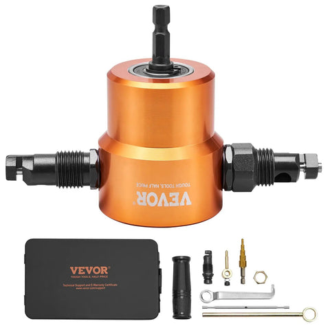 Double Head Sheet Metal Nibbler Cutter For Drills, 360 Degree Cutting Attachment With Extra Punch And Die shown with accessories