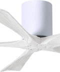 52 Inch Damp Rated Flush Mount Ceiling Fan With Super Quiet DC Motor And Dual Remote Wall Controls shown from below with white blades.