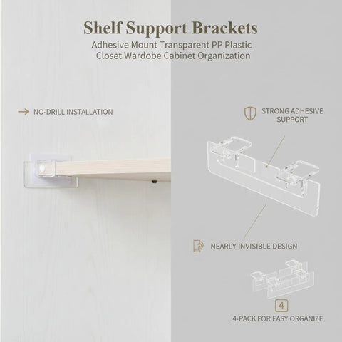 4 Pack Adhesive Mount Shelf Support Brackets Transparent PP Plastic For Closet Wardrobe Cabinet Organization Space Saver