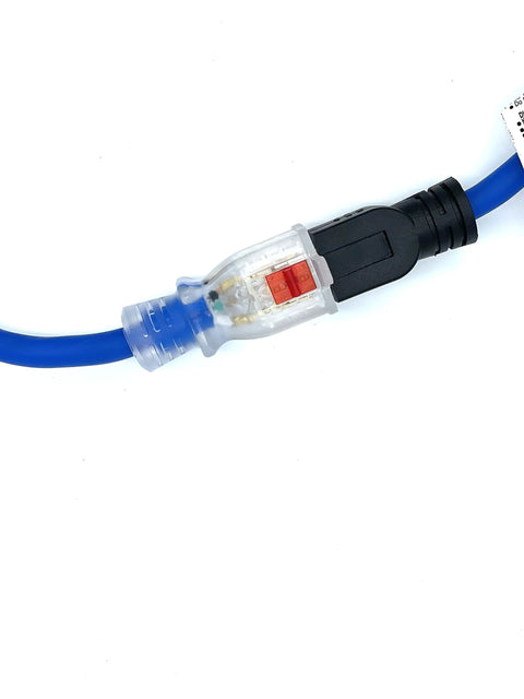 Beast Mode 50 Ft 14 Awg Blue Extension Cord With Illuminated Locking Receptacle showing LED plug for heavy power needs.
