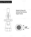 Diagram of Three Eighths Inch Screw Swivel Expandable Thread Rod Anchor showing dimensions and rod diameter.